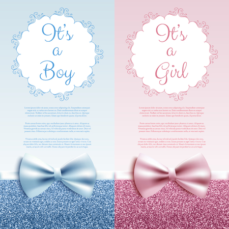 It's a boy/girl baby shower cute card invitation with blue and pink bow, vector illustrationのイラスト素材