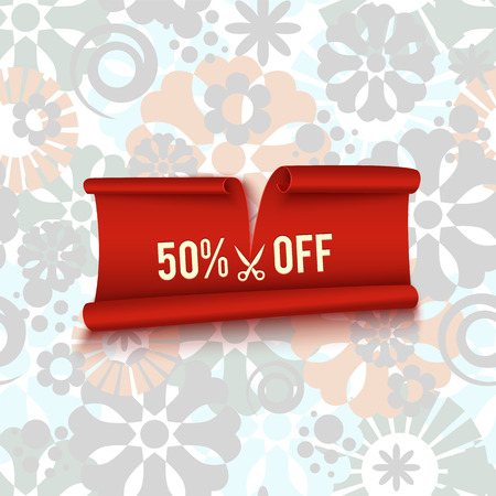 50% off, half price discount, red realistic ribbon, advertisement, big sale, vector illustrationのイラスト素材