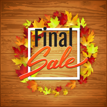 Final autumn sale advertisement banner with red maple leaves on wooden background, poster, retail, discount, vector illustrationのイラスト素材