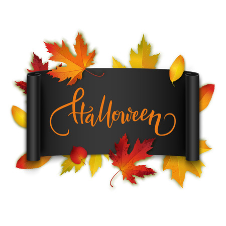 Halloween calligraphy text on realistic black ribbon with autumn leaves, vector illustrationのイラスト素材