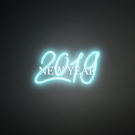 Happy New Year 2019 neon interlaced shiny text design, postcard, banner, vector illustrationのイラスト素材