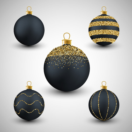 Christmas decorative black and gold glitter balls set, vector illustrationのイラスト素材