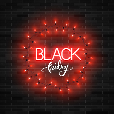 Black friday text with illuminated red lights on brick wall, vector illustrationのイラスト素材
