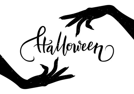 Halloween postcard with creepy hands and calligraphy text, vector illustrationのイラスト素材