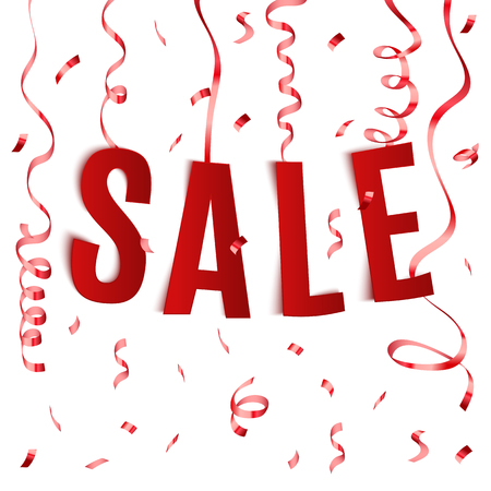 Sale paper realistic letters text with festive confetti, advertisement banner, vector illustrationのイラスト素材