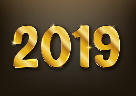 2019 new year realistic gold text numbers, postcard, banner, vector illustrationのイラスト素材