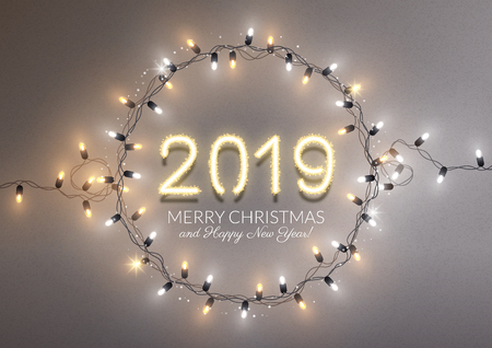 2019 new year realistic gold text numbers and lightbulbs, Christmas lights, postcard, banner, vector illustrationのイラスト素材