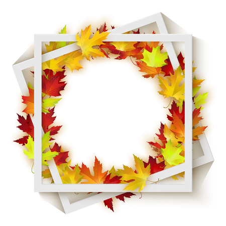 Autumn background design, realistic red and yellow leaves, square frame banner, vector illustrationのイラスト素材