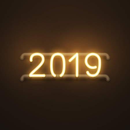 Happy New 2019 year glowing gold neon text banner, postcard design, vector illustrationのイラスト素材