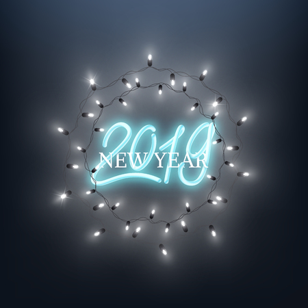 Happy New Year 2019 neon text design led lamp shine wreath, vector illustrationのイラスト素材