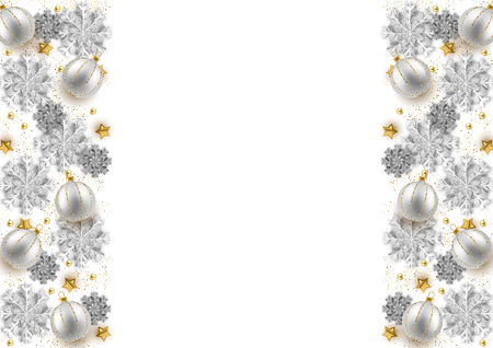 Merry Christmas New Year background design, decorative baubles and glitter snowflakes frame, vector illustrationのイラスト素材