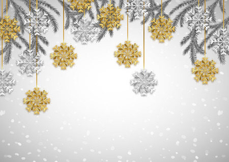 Glitter gold and silver snowflakes and fir tree branches, Merry Christmas Happy New Year background, vector illustrationのイラスト素材