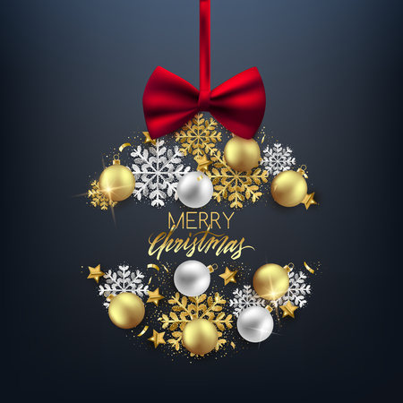Merry Christmas decorative elements bauble snowflake bow, postcard, invitation, vector illustrationのイラスト素材