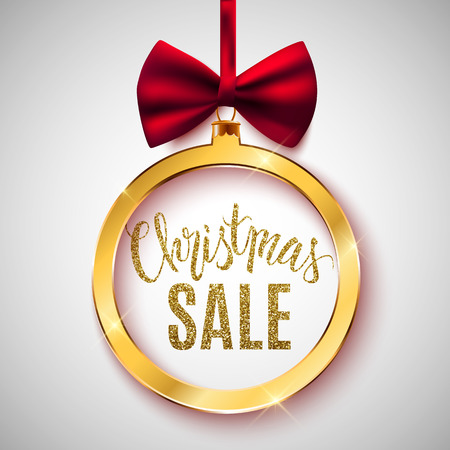 Christmas sale festive advertisement banner, discount, shop, gold bauble with bow, vector illustrationのイラスト素材