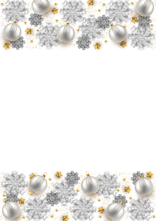 Merry Christmas New Year background design, decorative baubles and glitter snowflakes frame, vector illustrationのイラスト素材