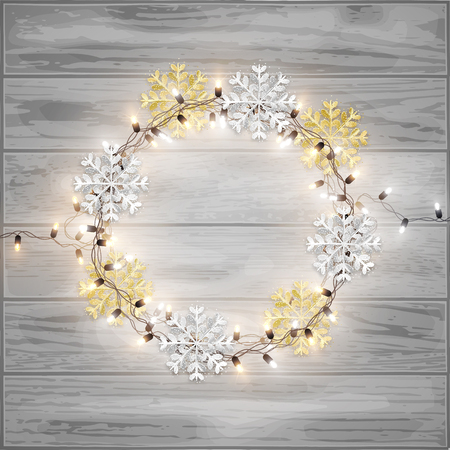 Merry Christmas postcard, glitter snowflakes and led lights shiny garland wreath, vector illustrationのイラスト素材
