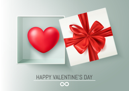 Happy Valentine's day postcard, heart in open gift box with red bow, vector illustrationのイラスト素材