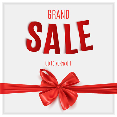 Grand sale advertisement with red decorative ribbon bow, realistic vector illustrationのイラスト素材