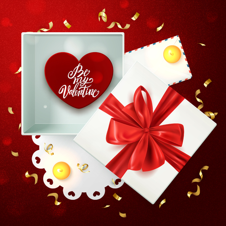 Happy Valentine's day composition with gift box and romantic elements, postcard, banner, vector illustrationのイラスト素材
