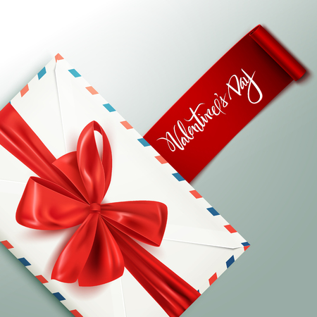 Realistic white vintage envelope with decorative red bow, Happy Valentine's Day card, vector illustrationのイラスト素材