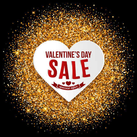 Valentine's day sale, heart shape and gold glitter, advertisement banner, vector illustrationのイラスト素材