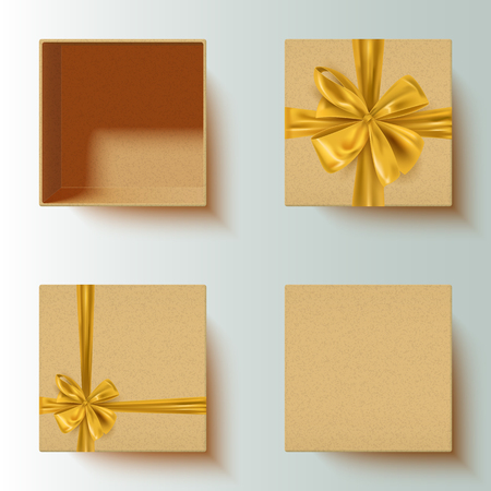 Set of realistic craft paper gift boxes with decorative gold bow, open, closed, vector illustrationのイラスト素材
