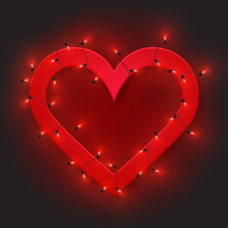 Red retro neon heart frame, led light shine garland, vector illustrationのイラスト素材