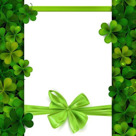 Happy Saint Patrick's Day background with shamrock leaves and green ribbon bow, vector illustrationのイラスト素材