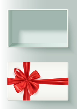 Realistic open gift box with decorative red bow, vector illustrationのイラスト素材