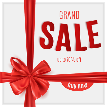 Grand sale advertisement with red decorative ribbon bow, realistic vector illustrationのイラスト素材