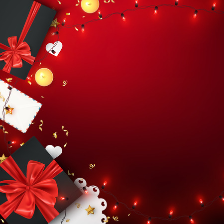 Gift boxes and decorative elements holiday background template, valentine, birthday, christmas banner card, vector illustrationのイラスト素材