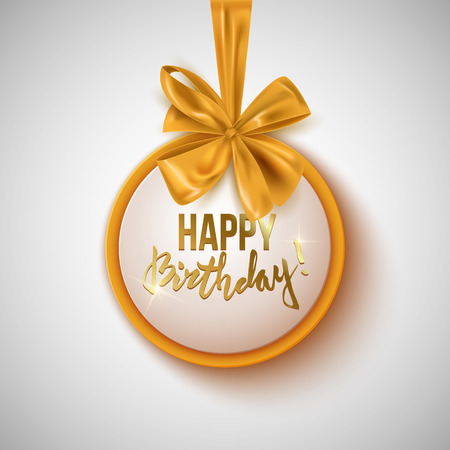 Happy birthday text on realistic gold tag with decorative ribbon bow, vector illustrationのイラスト素材