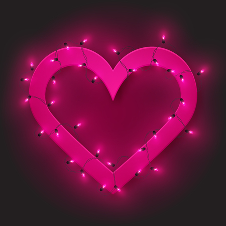 Pink retro neon heart frame, led light shine garland, vector illustrationのイラスト素材