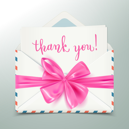 Thank you message in realistic envelope with pink decorative bow, vector illustrationのイラスト素材