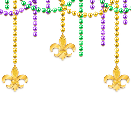 Mardi Gras decorative background with colorful traditional beads and gold symbols, vector illustrationのイラスト素材