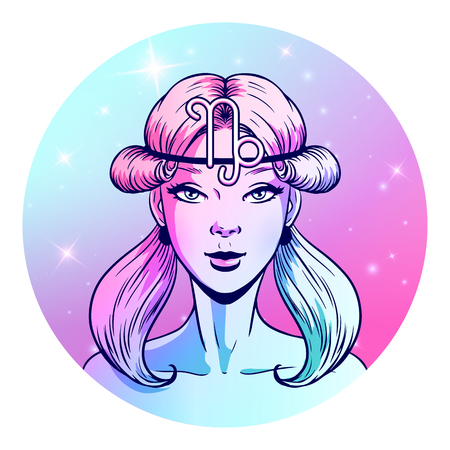 Capricorn zodiac sign artwork, beautiful girl face, horoscope symbol, star sign, vector illustrationのイラスト素材