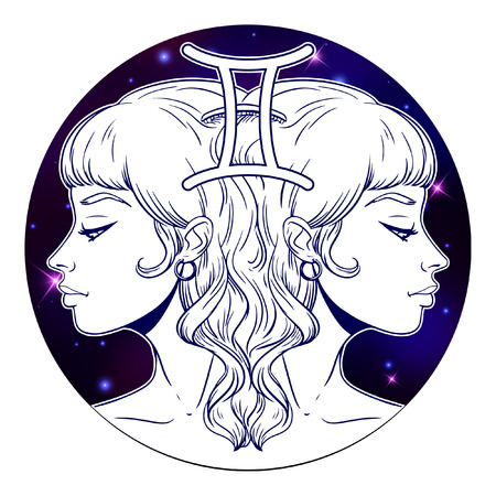 Gemini zodiac sign artwork, beautiful girl face, horoscope symbol, star sign, vector illustrationのイラスト素材