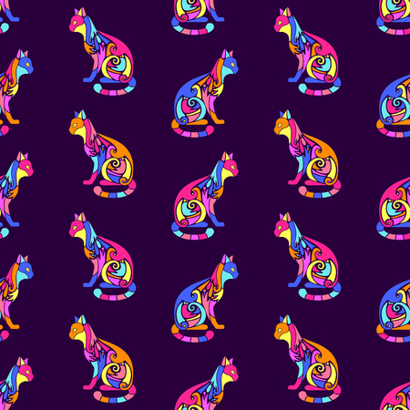 Seamless pattern with decorative ornate cute cat silhouettes. Texture for wallpapers, fabric, wrap, web page backgrounds, vector illustrationのイラスト素材