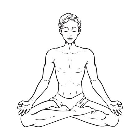 Drawing of meditating yogi, relaxed man in lotus pose, vector illustrationのイラスト素材