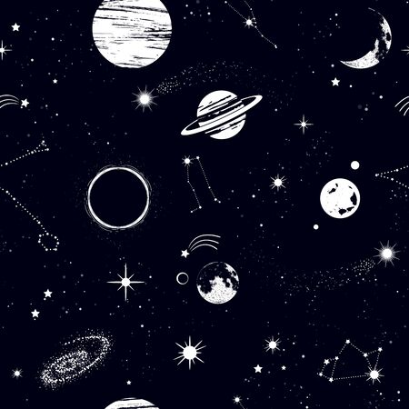 Space seamless pattern, beautiful galaxy, stars, planets, constellations in outer space. Texture for wallpapers, fabric, wrap, web page backgrounds, vector illustrationのイラスト素材