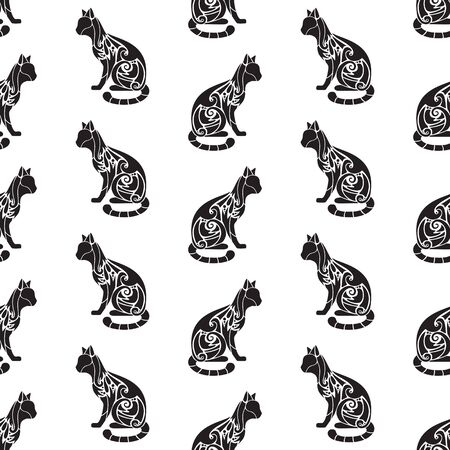 Seamless pattern with decorative ornate cute cat silhouettes. Texture for wallpapers, fabric, wrap, web page backgrounds, vector illustrationのイラスト素材