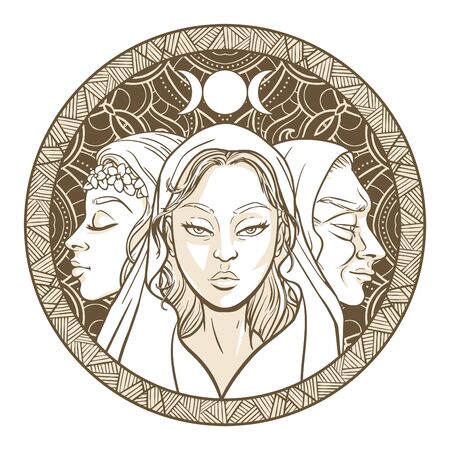 Triple goddess as Maiden, Mother and Crone, beautiful woman, symbol of moon phases. Hekate, mythology, wicca, witchcraft. Vector illustrationのイラスト素材