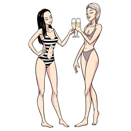 Two beautiful young women in swimsuit holding champagne glasses. Beach party, summer holidays. Vector comic illustrationのイラスト素材