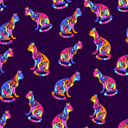 Seamless pattern with decorative ornate cute cat silhouettes. Texture for wallpapers, fabric, wrap, web page backgrounds, vector illustrationのイラスト素材