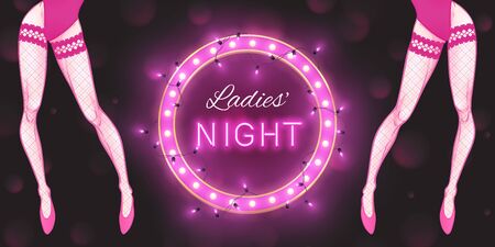 Ladies' night decorative poster for disco party dance night, beautiful female legs, woman's figure, and retro led light banner. Vector illustrationのイラスト素材