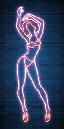 Neon silhouette banner, sexy girl figure, woman silhouette, nightclub, striptease, sex shop advertisement, vector illustrationのイラスト素材