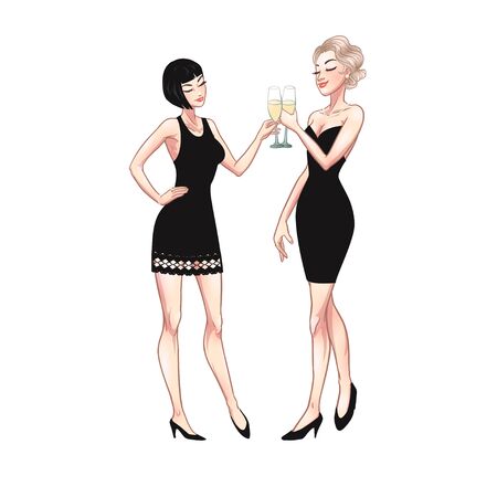 Two beautiful young women holding champagne glasses. Twenties retro party pin-up flapper girls in black dresses. Vector comic illustrationのイラスト素材