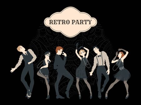 Retro party card, men and women dressed in 1920s style dancing, flapper girls, handsome guys in vintage suits, twenties, vector illustrationのイラスト素材