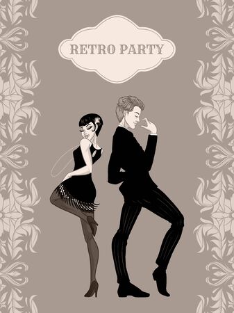Retro party card, man and woman dressed in 1920s style dancing, flapper girls handsome guy in vintage suit, twenties, vector illustrationのイラスト素材