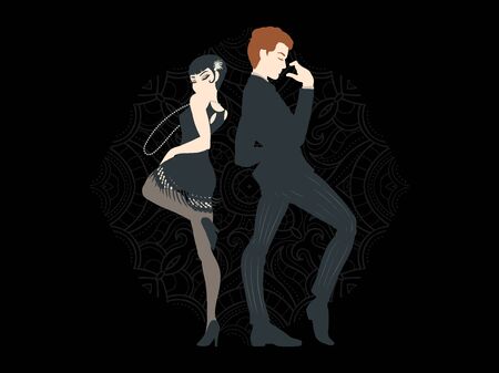 Retro party card, man and woman dressed in 1920s style dancing, flapper girls handsome guy in vintage suit, twenties, vector illustrationのイラスト素材
